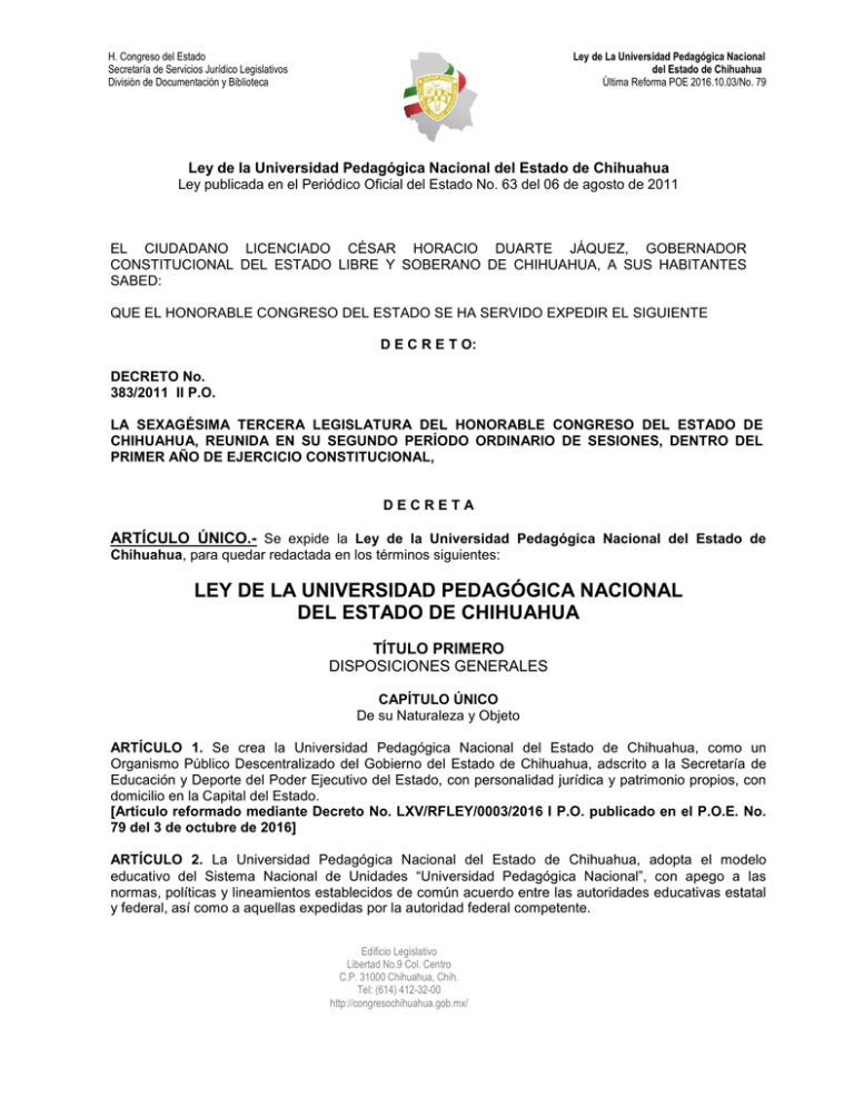 LEY ORGÁNICA DE LA UNIVERSIDAD AUTÓNOMA DE CHIHUAHUA