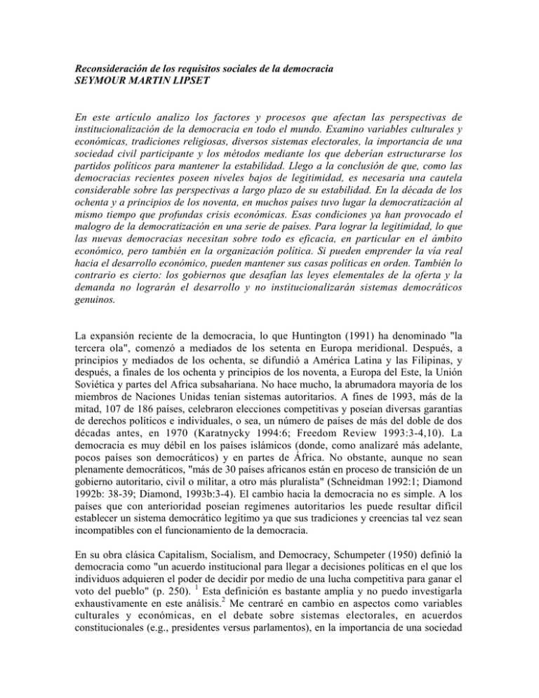 Reconsideraci n De Los Requisitos Sociales De La Democracia