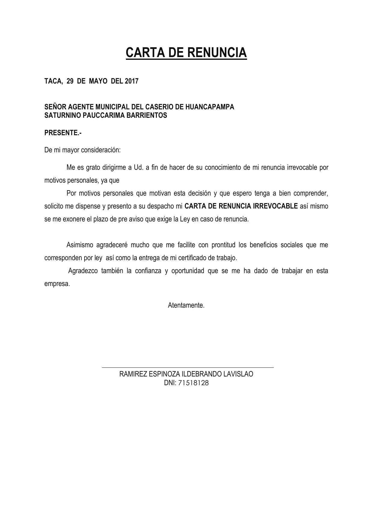 Formato Carta De Renuncia Irrevocable