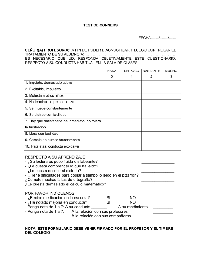 Test De Conners Evaluaci n Del Comportamiento Infantil Test De Conners Evaluaci n Del Comportamiento Infantil