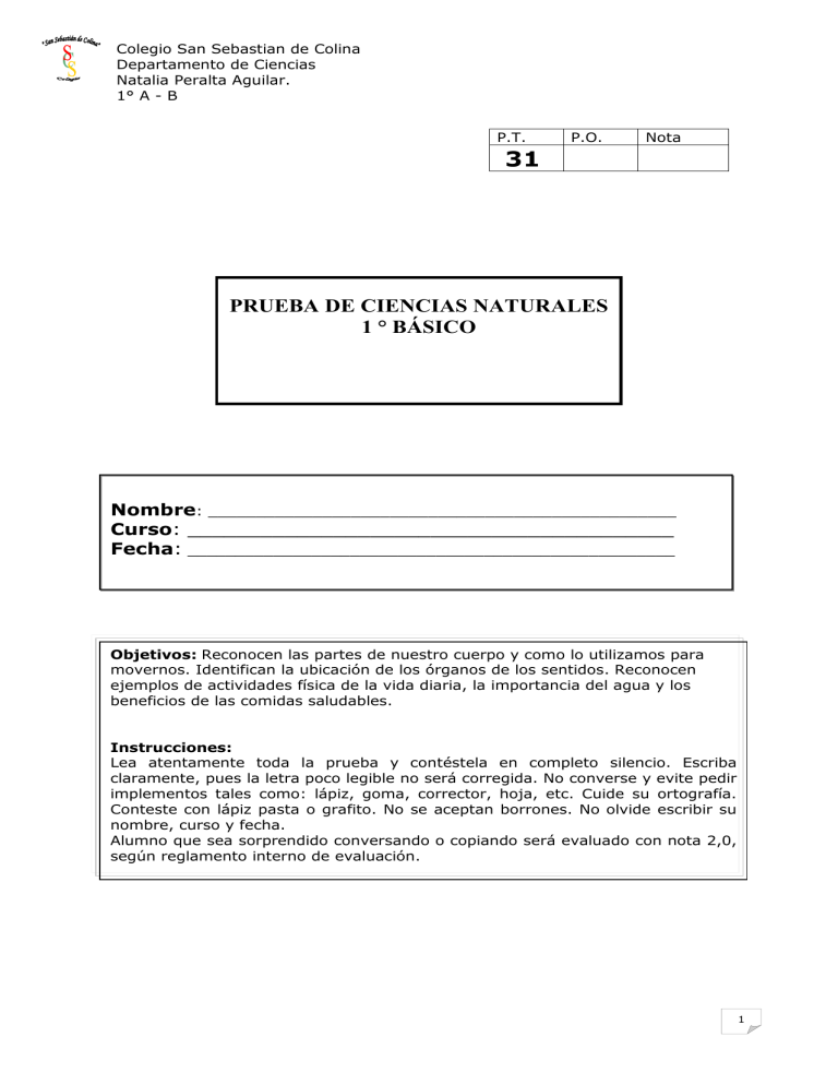 Prueba 1 ° A - B Ciencias Naturales Abril