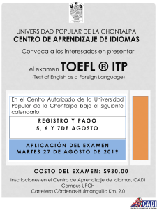 Toefl ® itp convocatoria AGOSTO 2019