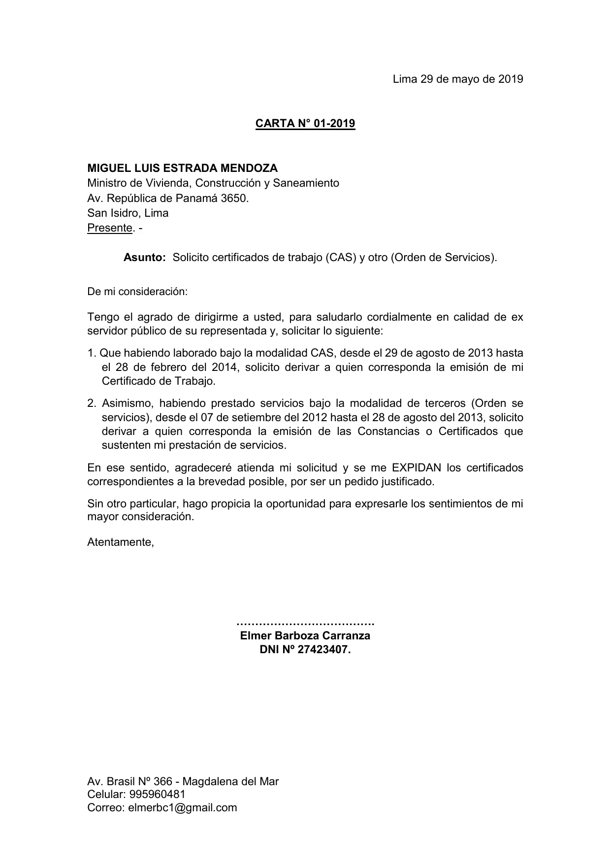 CARTA solicitud de constancia de trabajo