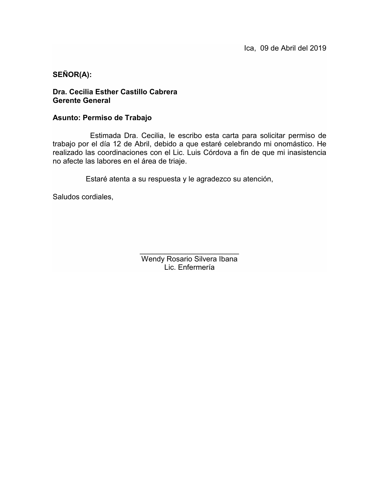 Carta De Solicitud De Permiso Para Faltar Al Trabajo Para Trabajadores