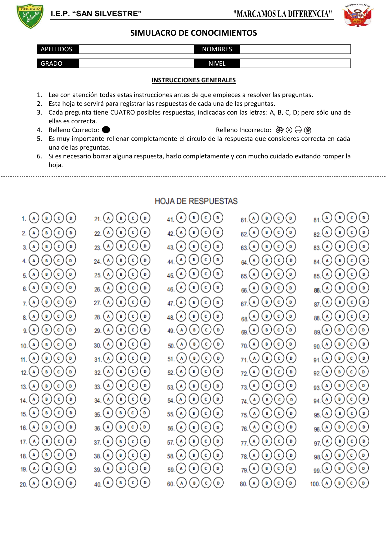 HOJA DE RESPUESTAS DEL SIMULACRO