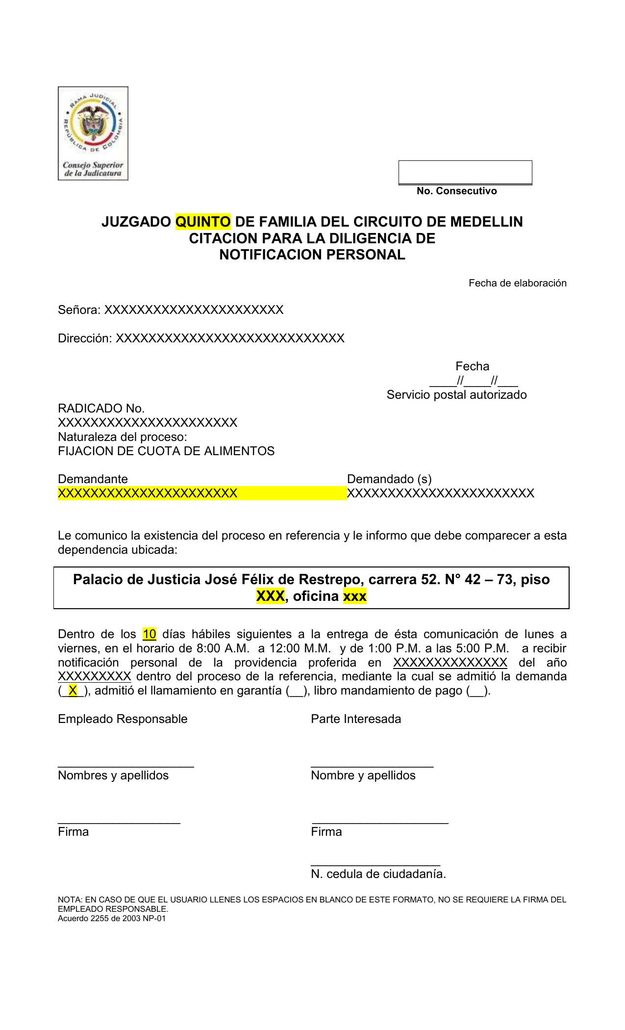 70 FORMATO DE CITACION PARA NOTIFICACION PERSONAL AUTO ADMISORIO DE DEMANDA  (1)