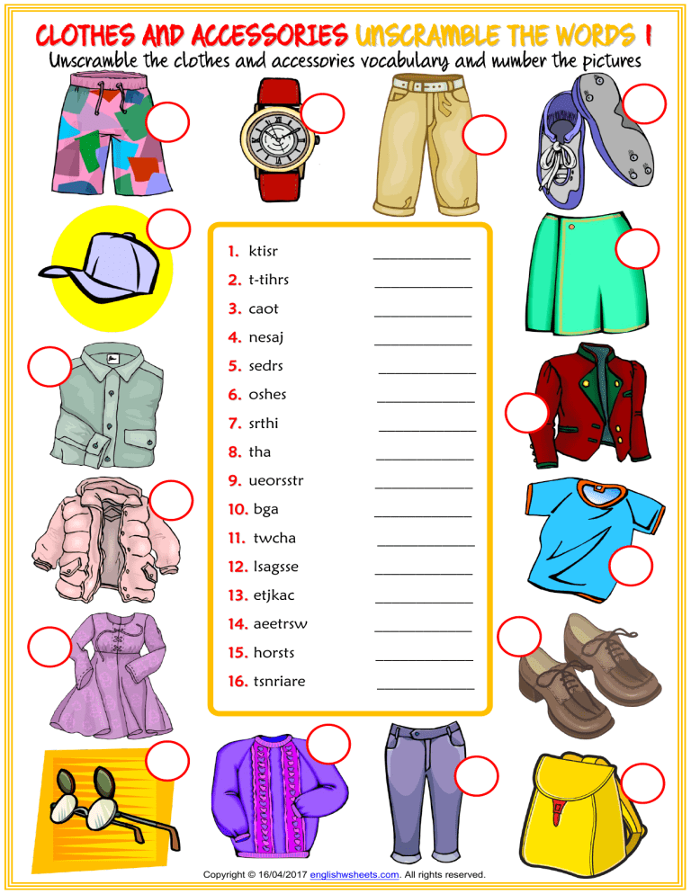 clothes and accessories vocabulary esl unscramble the words worksheets ...