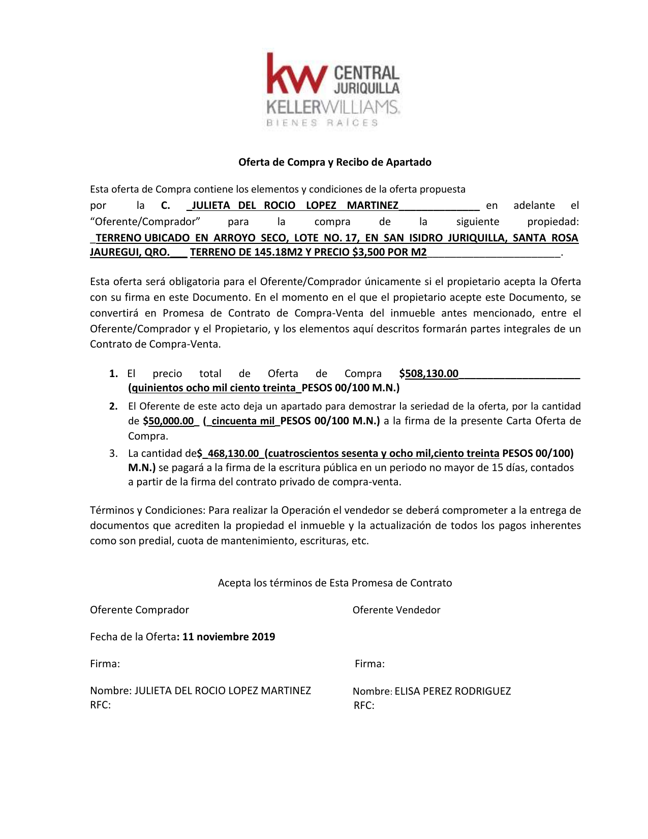 Carta Oferta De Compra Y Recibo De Apartado Con Penalización 5015