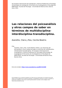 Azaretto, Clara y Ros, Cecilia Beatriz (2015). Las relaciones del psicoanalisis y otros campos de saber en terminos de multidisciplina-in (..)