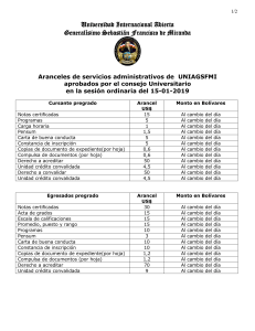 Aranceles de los servicios administrativos de UNIAGSFMI 16-01-19