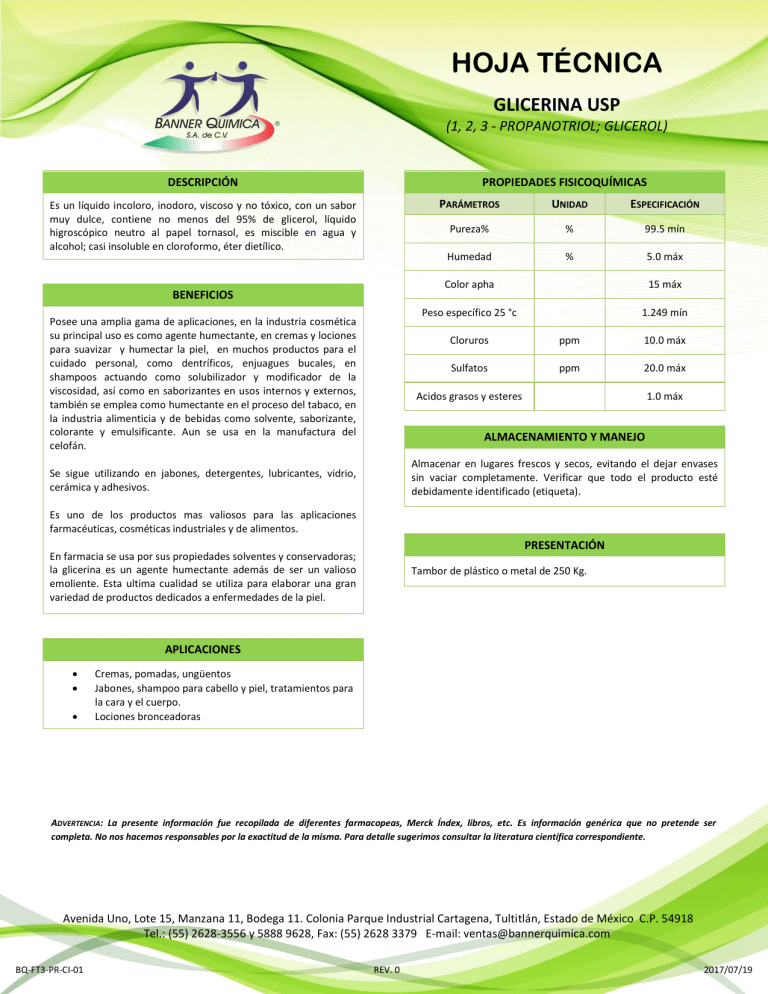 Glicerina USP Hoja T cnica Propiedades Y Aplicaciones