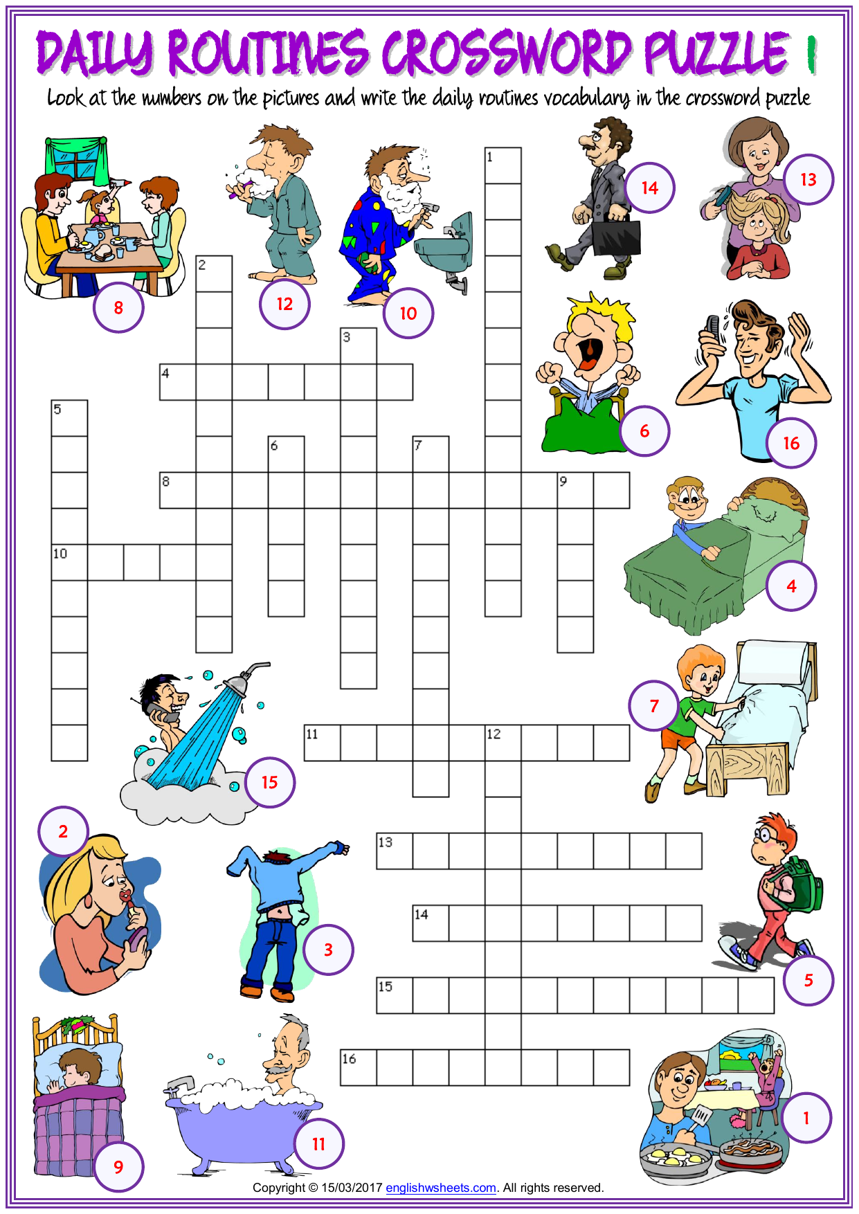 daily routines vocabulary esl crossword puzzle worksheets for kids
