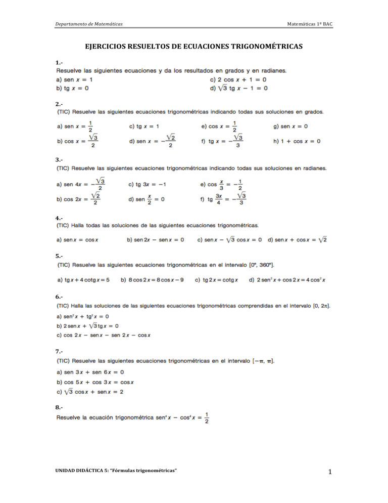 EJERCICIOS RESUELTOS DE ECUACIONES TRIGONOMETRICAS