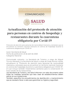 Actualización del protocolo de atención para personas en centros de hospedaje y restaurantes durante la cuarentena obligatoria por Covid