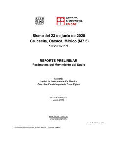 Sismo del 23 de junio de 2020. Crucecita, Oaxaca, México. Reporte preliminar. UIS-IIUNAM rep prelim 20200623 1529 OAX M75 V1