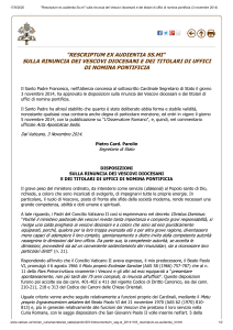  Rescriptum ex audientia Ss.mi  sulla rinuncia dei Vescovi diocesani e dei titolari di uffici di nomina pontificia (3 novembre 2014)
