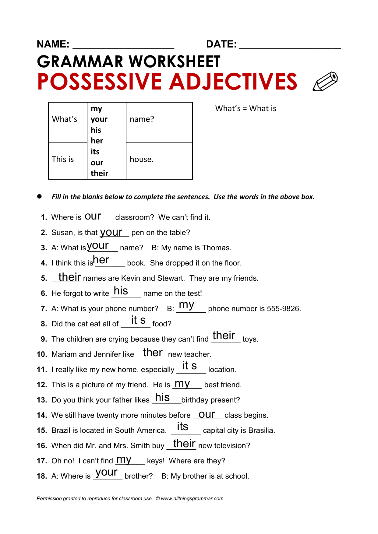 Sat Grammar. Possessive adjectives worksheet
