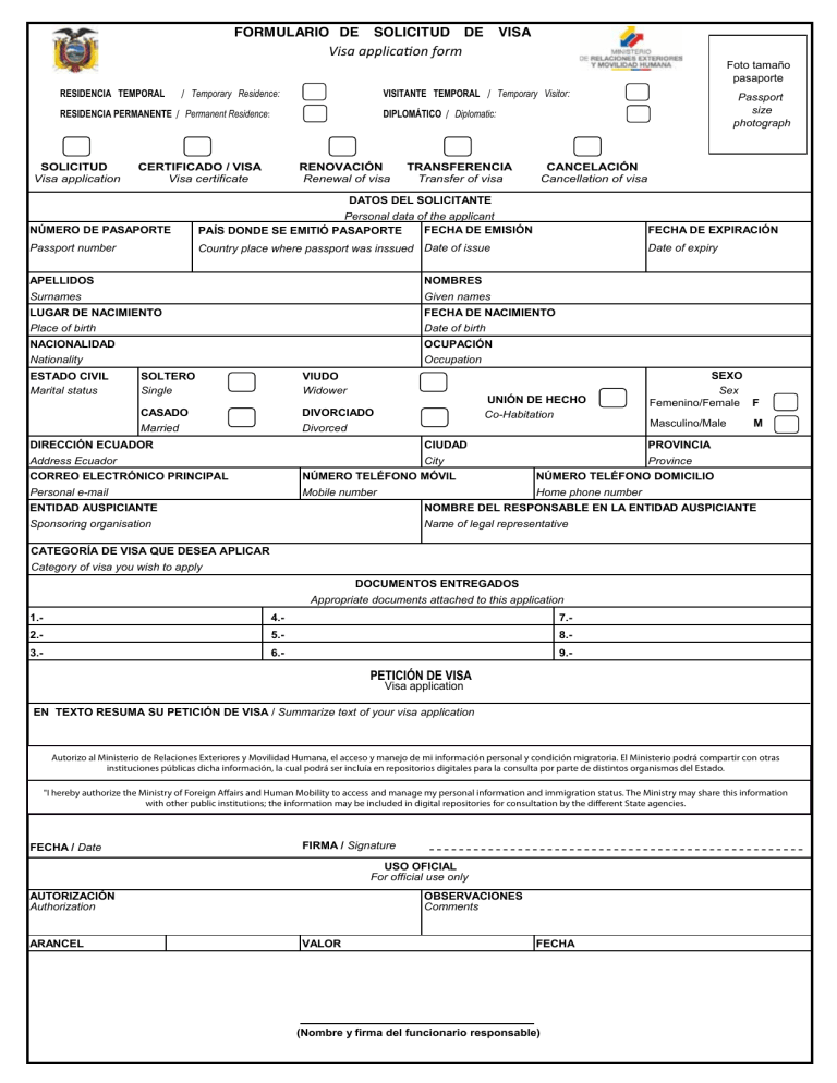 Solicitud De Visa Ecuatoriana