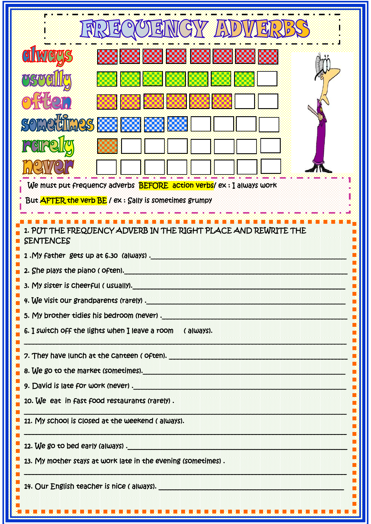 Frequency adverbs 2 page activity grammar drills 94673