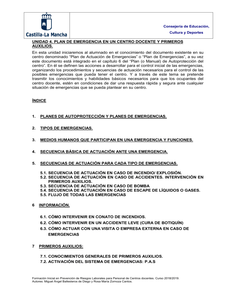 UNIDAD 4. Plan De Emergencias En Un Centro Docente Y Primeros Auxilios