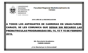 A TODOS LOS ASPIRANTES DE CARRERAS EN UNAN PREMATRICULA 14 15 Y 16 DE FEBRERO 2019