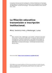 Mina, Veronica Ines y Wettengel, Luisa (2010). La filiacion educativa transmision e inscripcion institucional