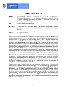 Directiva 05  17junio2021 - Regreso a servicio Educativo Presencial - Resolución 777 de 2021