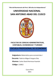 Tarea de Matem&aacute;tica para Economistas I, UNSAAC 2021