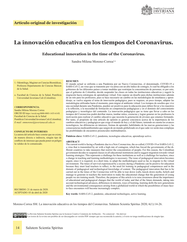 La Innovación Educativa En Los Tiempos Del Coronavirus.