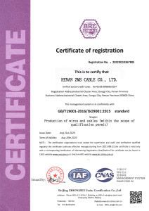 Henan ZMS Cable ISO9001 CERTIFICATE
