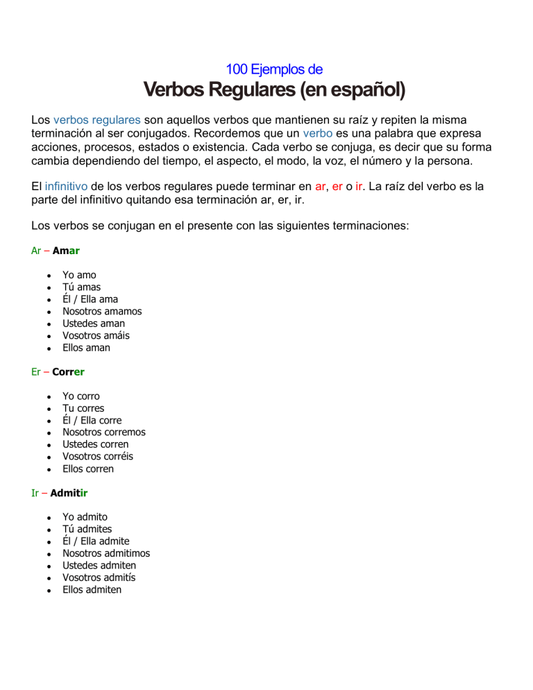 100 Ejemplos De Verbos Regulares