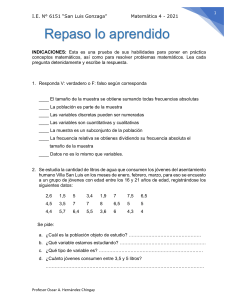 S2 REPASO LO APRENDIDO 4 pOBLACIÓN, MUESTRA Y VARIABLES ESTADISTICAS