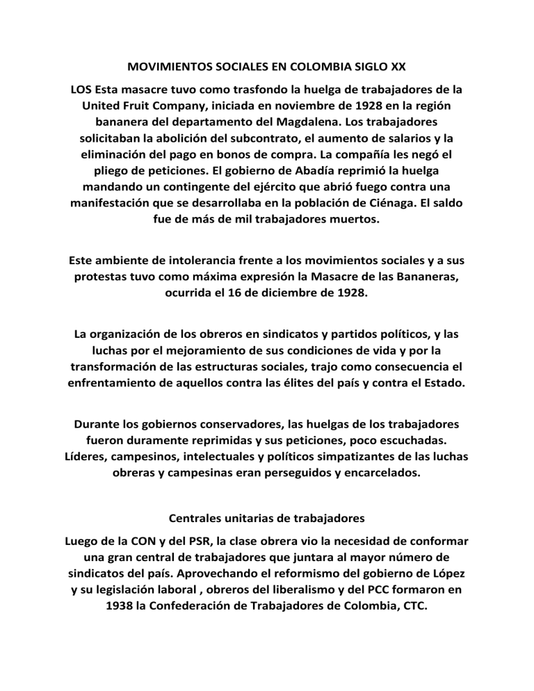 Movimientos Sociales En Colombia Principios Del Siglo