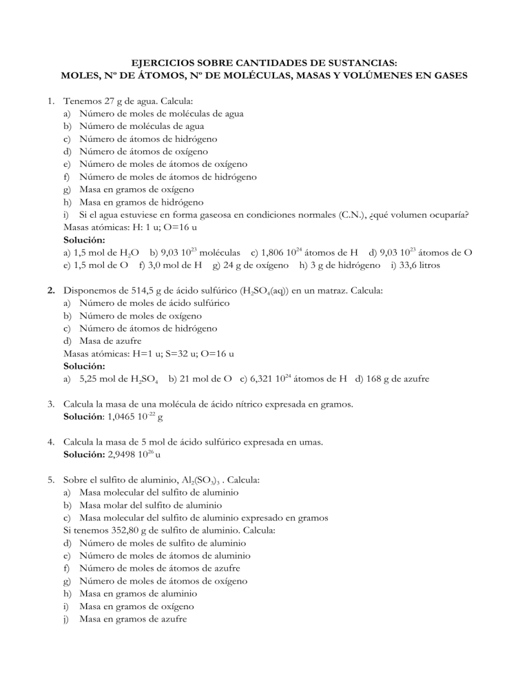 Ejercicios Sobre Cantidades De Sustancias 4960