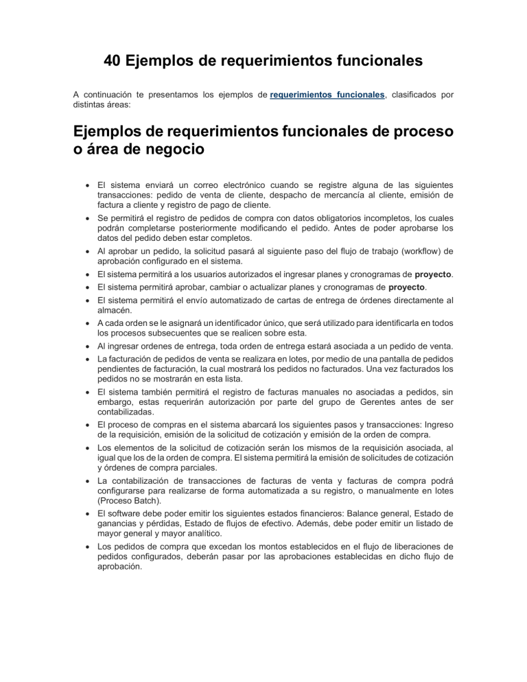 40 Ejemplos de requerimientos funcionales