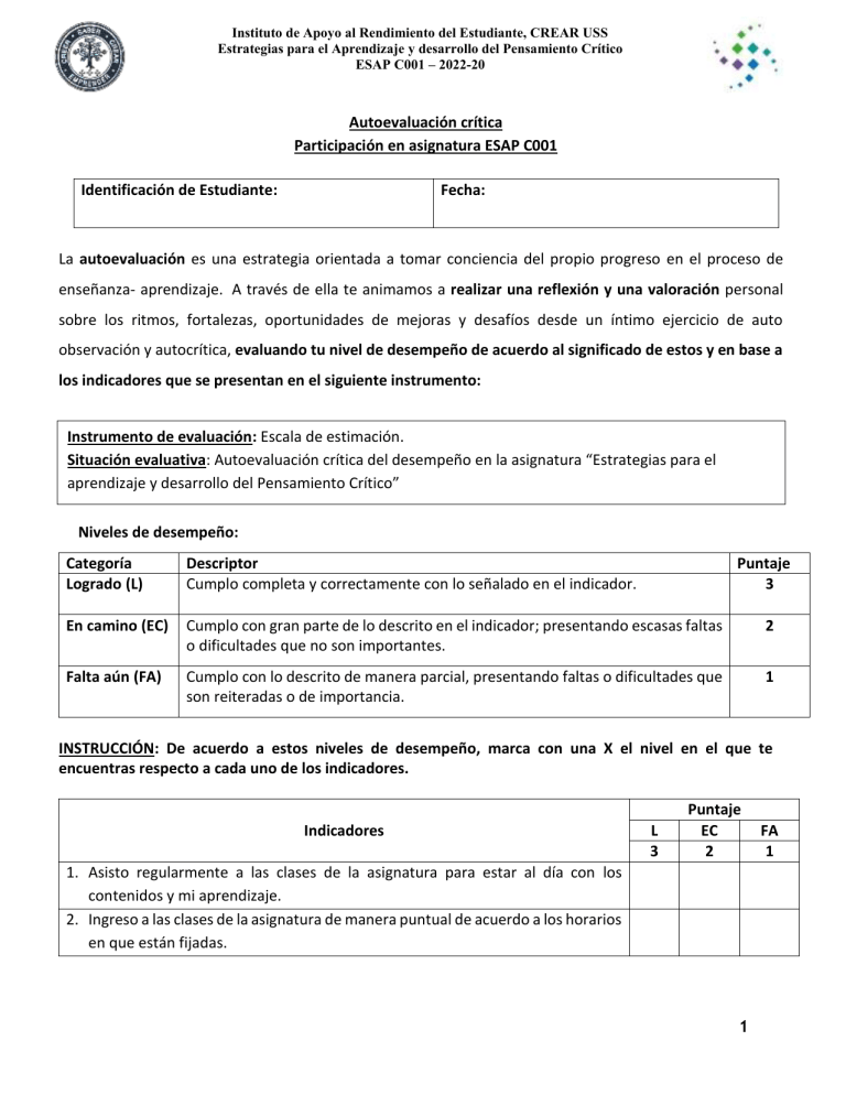 AUTOEVALUACIÓN CRÍTICA PERSONAL