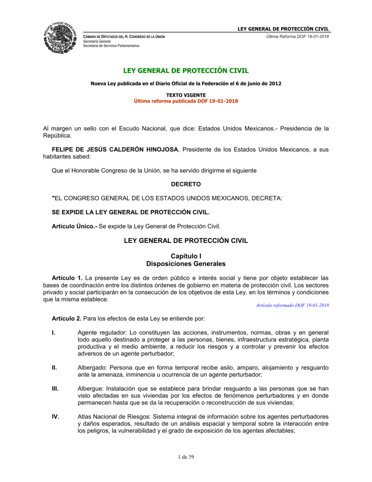 LEY GENERAL DE PROTECCIÓN CIVIL LEY GENERAL DE PROTECCIÓN CIVIL