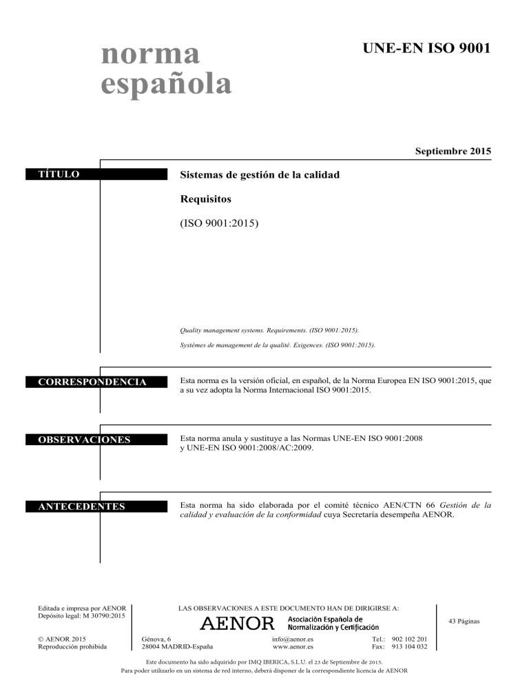 UNE-EN ISO 9001.2015 Norma Española