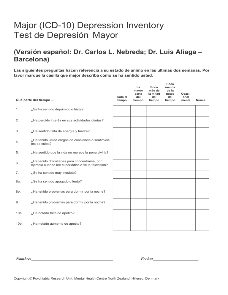 ICD 10 DEPRESSION INVENTORY TEST DE DEPRESION MAYOR