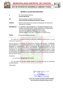 INFORME N� 118-2022-ASFR-JDDUR-MDCH-COMISION DE RECEPCION HUANCAPUQUIO