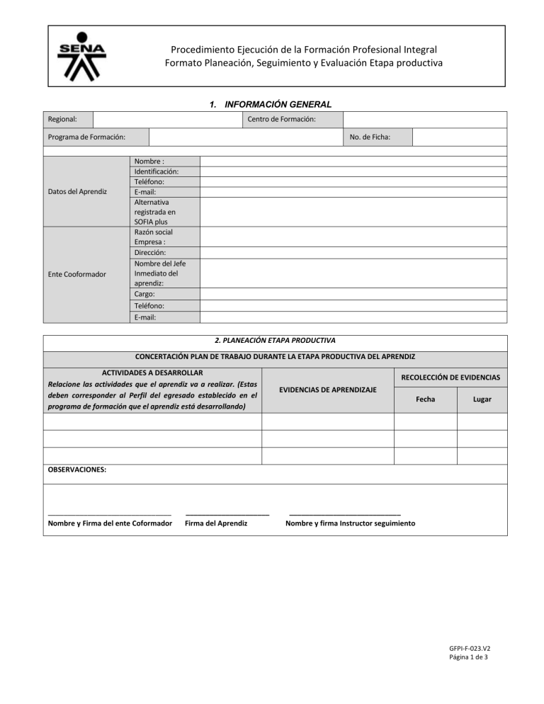 Gfpi F 023 Formato Planeacion Seguimiento Y Evaluacion Etapa Productiva