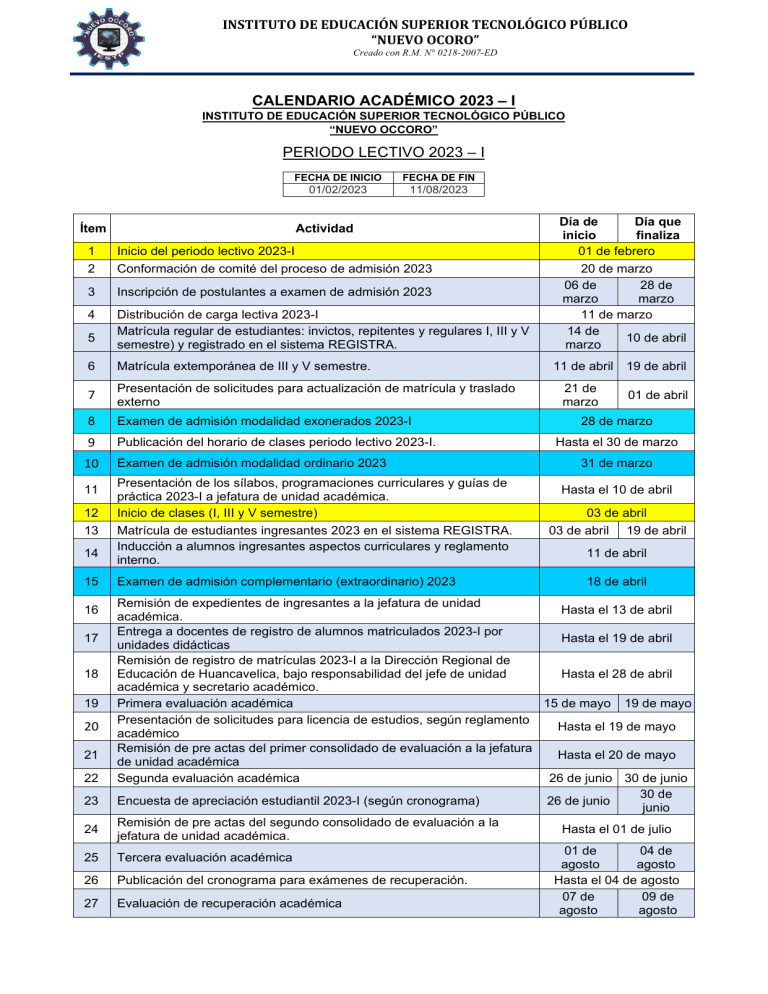 Calendario académico upla 2023 i 3
