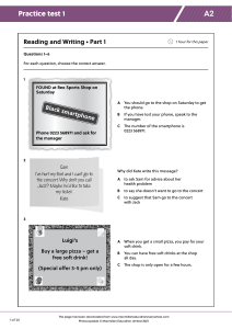 A2 English Reading & Writing Practice Test