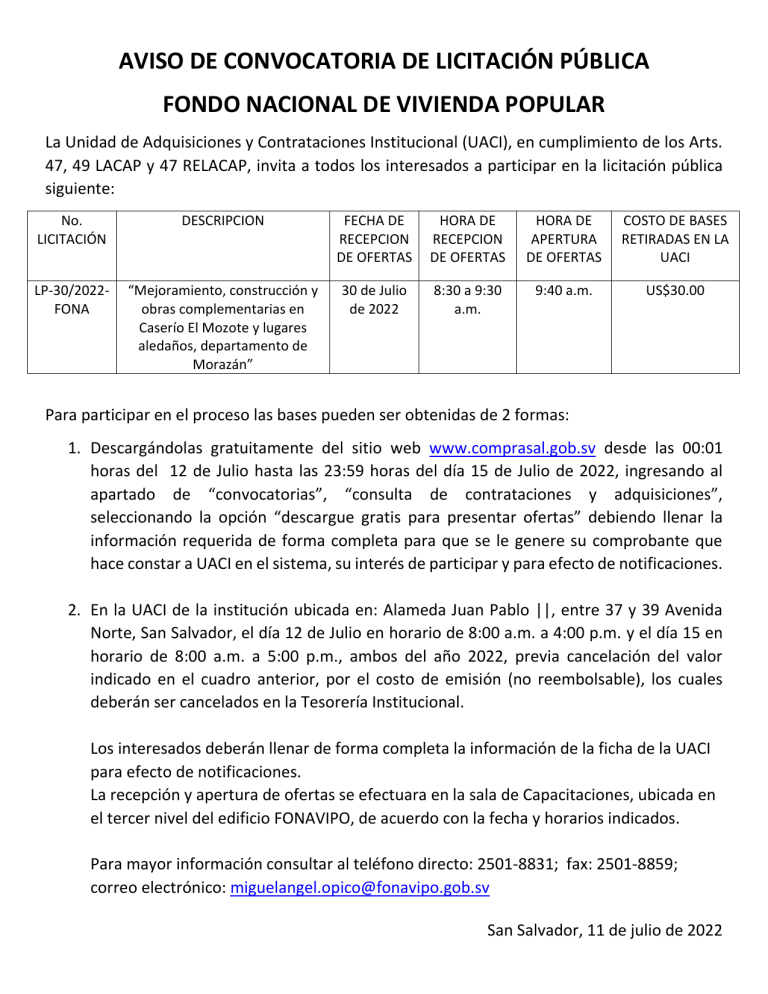 Aviso De Convocatoria De LicitaciÓn PÚblica 4916