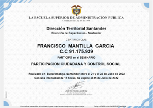 Certificado FRANCISCO  MANTILLA  GARCIA  curso PARTICIPACION CIUDADANA Y CONTROL SOCIAL  (3)