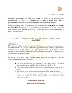 Matriz T2B Propuesta Planta Producción  Optimizada  Chocolate Artesanal Participantes Curso T2B 13 mayo 2022