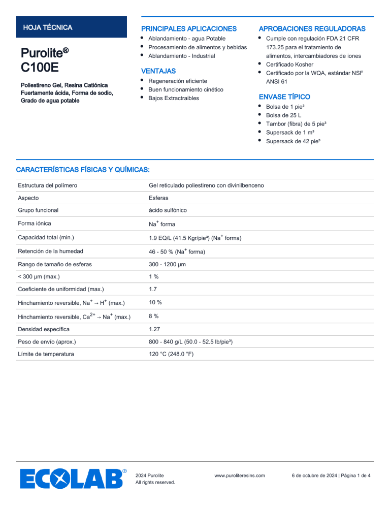 Reemplazo De Cationes Purolite C100e C-100e Para Ablandador