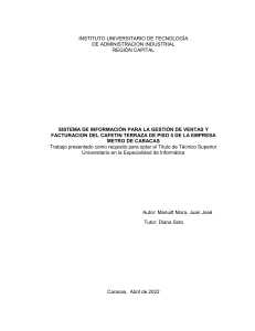 SISTEMA DE INFORMACIÓN PARA LA GESTIÓN DE VENTAS Y  FACTURACION DEL CAFETIN TERRAZA DE PISO 5 DE LA EMPRESA  METRO DE CARACAS      