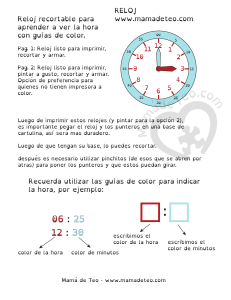 Reloj recortable para aprender la hora con guías de color