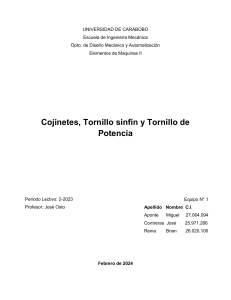 Cojinetes, Tornillo sinfín y Potencia